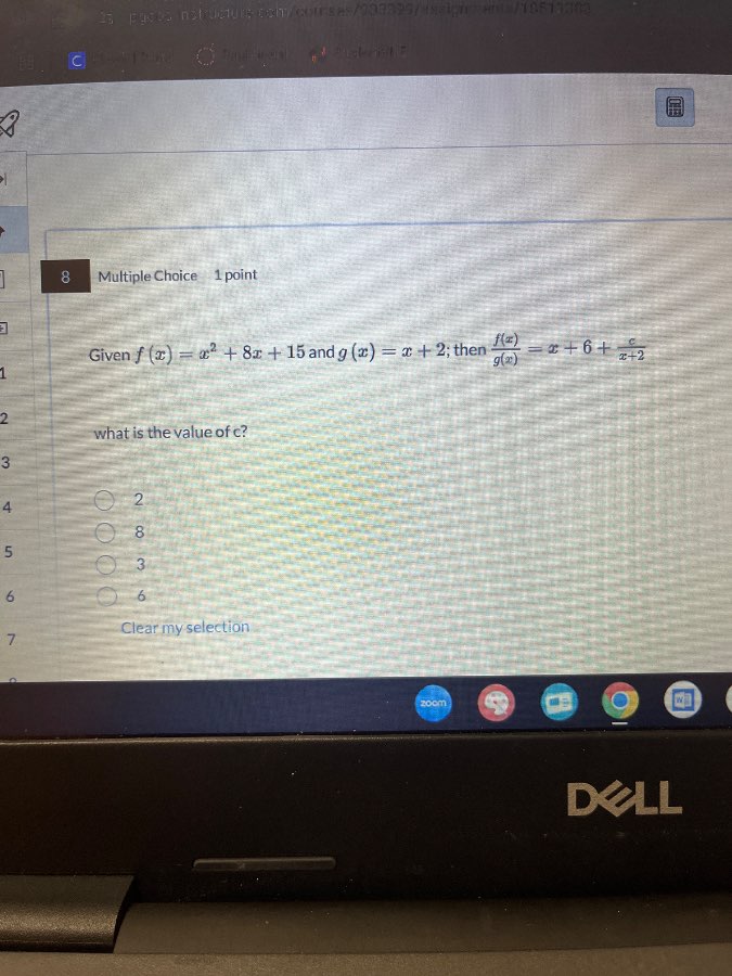 8 multiple choice 1 point given $f(x)=x^2 + 8x + 15$ and $g(x)=x + 2$; …