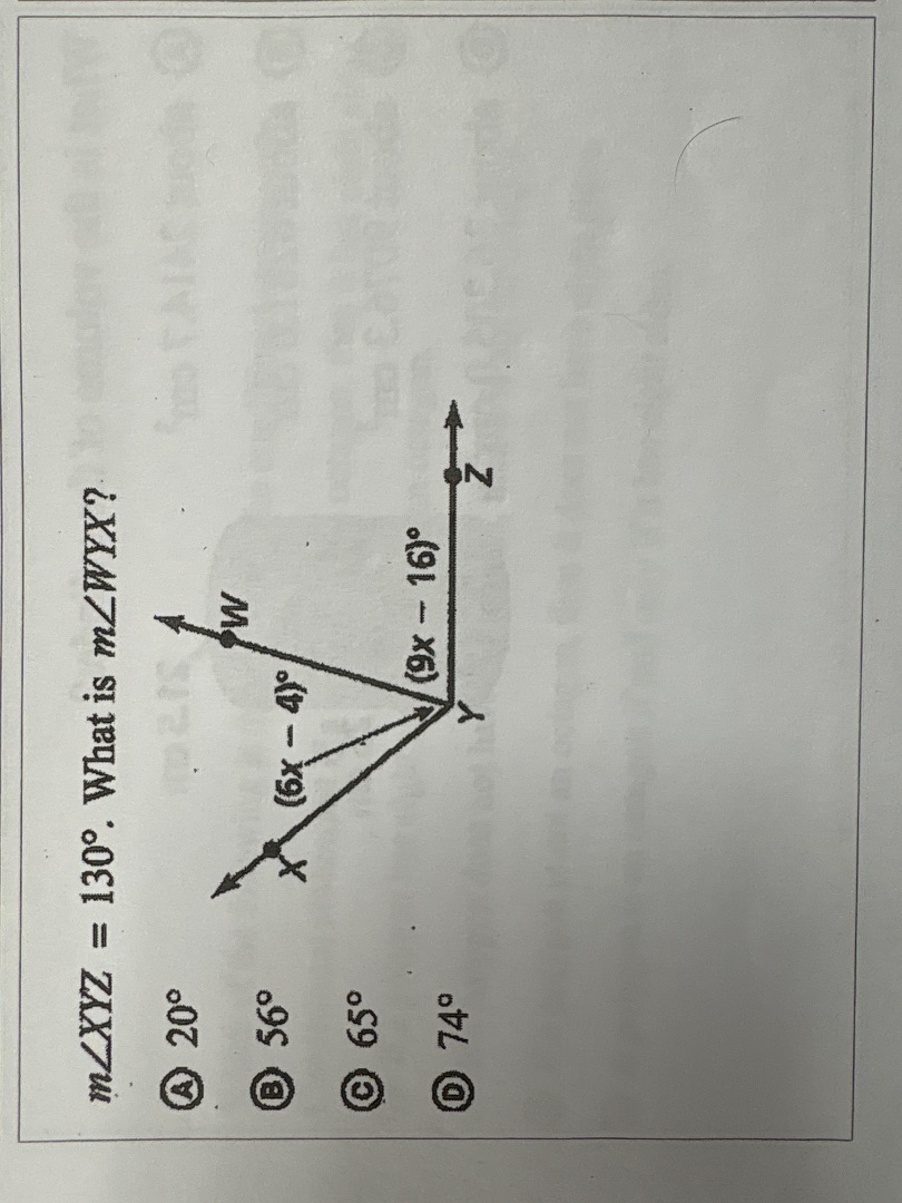 $m\\angle xyz = 130^\\circ$. what is $m\\angle wyx$? $(6x - 4)^\\circ$ …