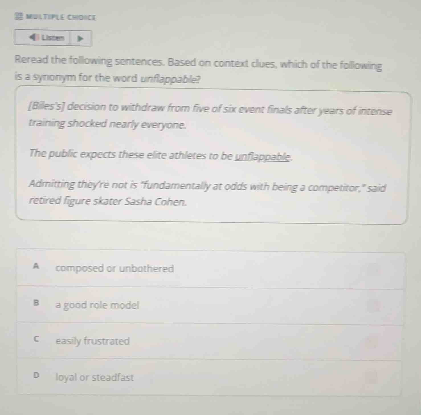 multiple choice listen reread the following sentences. based on context…