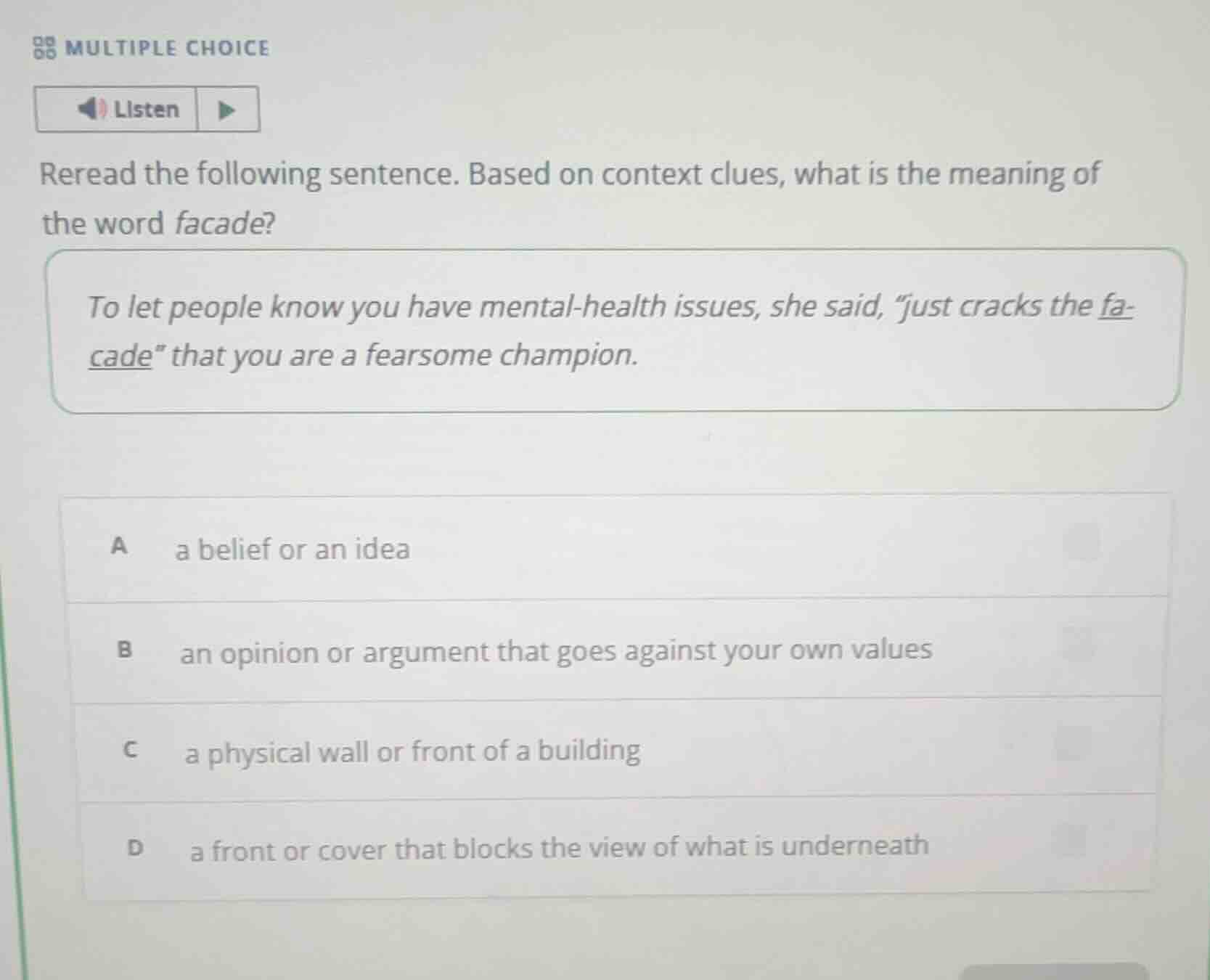 multiple choice listen reread the following sentence. based on context …