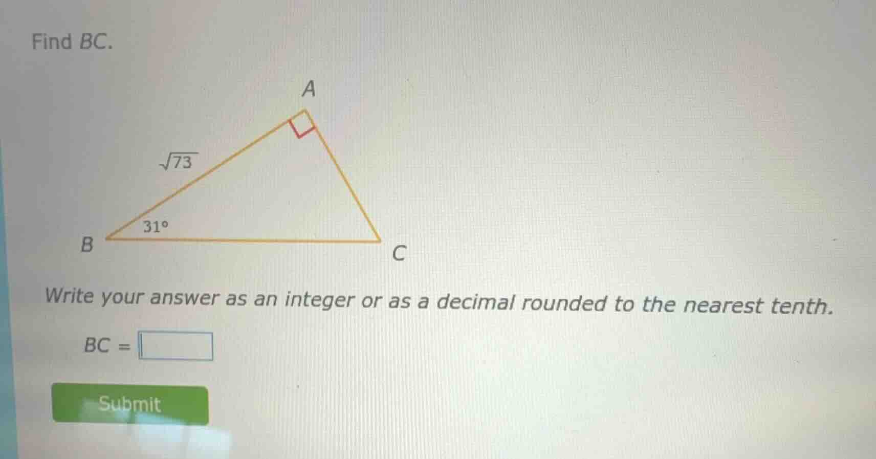 find bc. write your answer as an integer or as a decimal rounded to the…