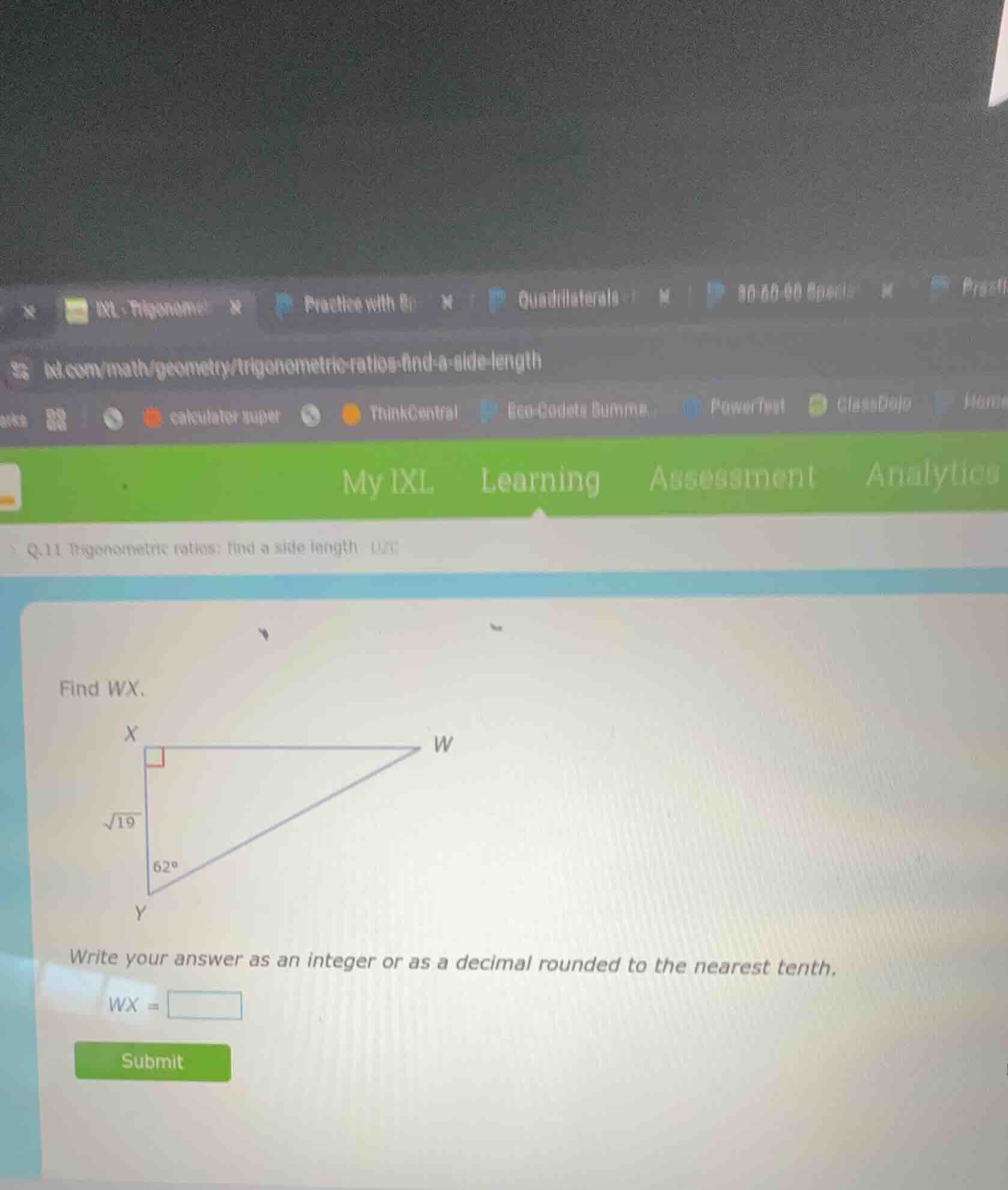 q.11 trigonometric ratios: find a side length find wx. write your answe…