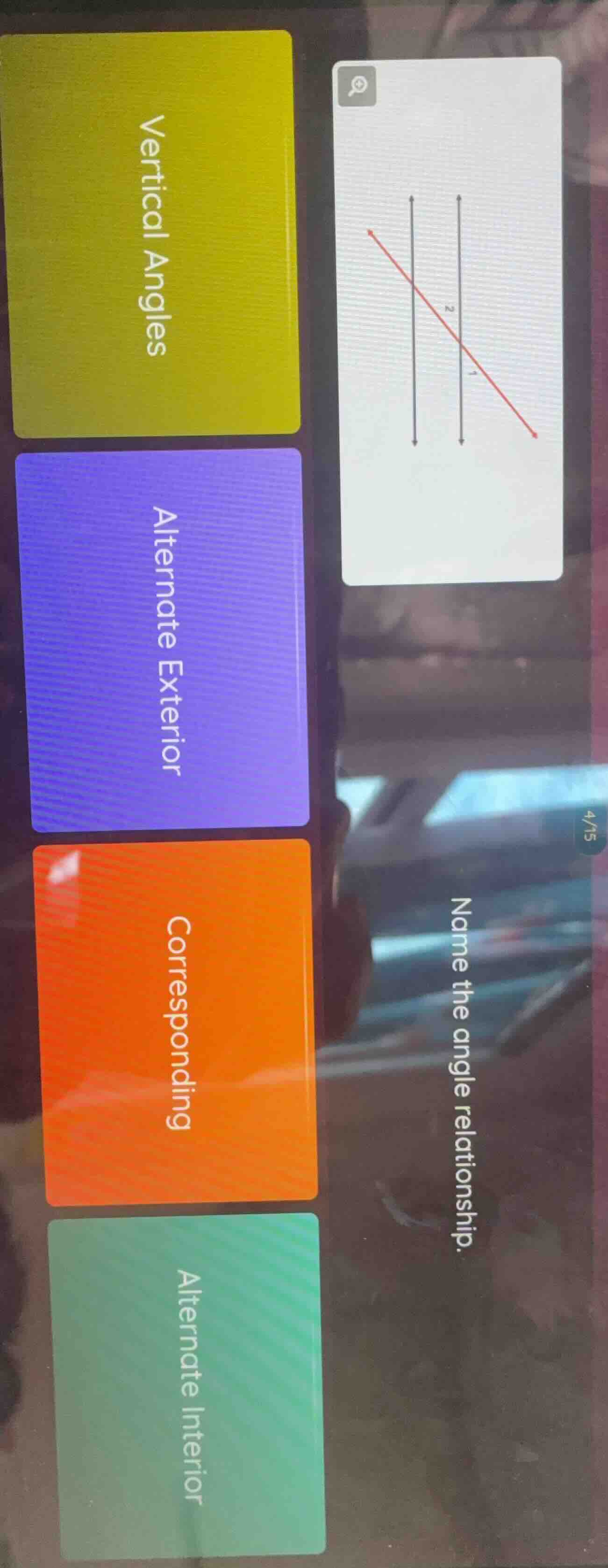 name the angle relationship. vertical angles alternate exterior corresp…