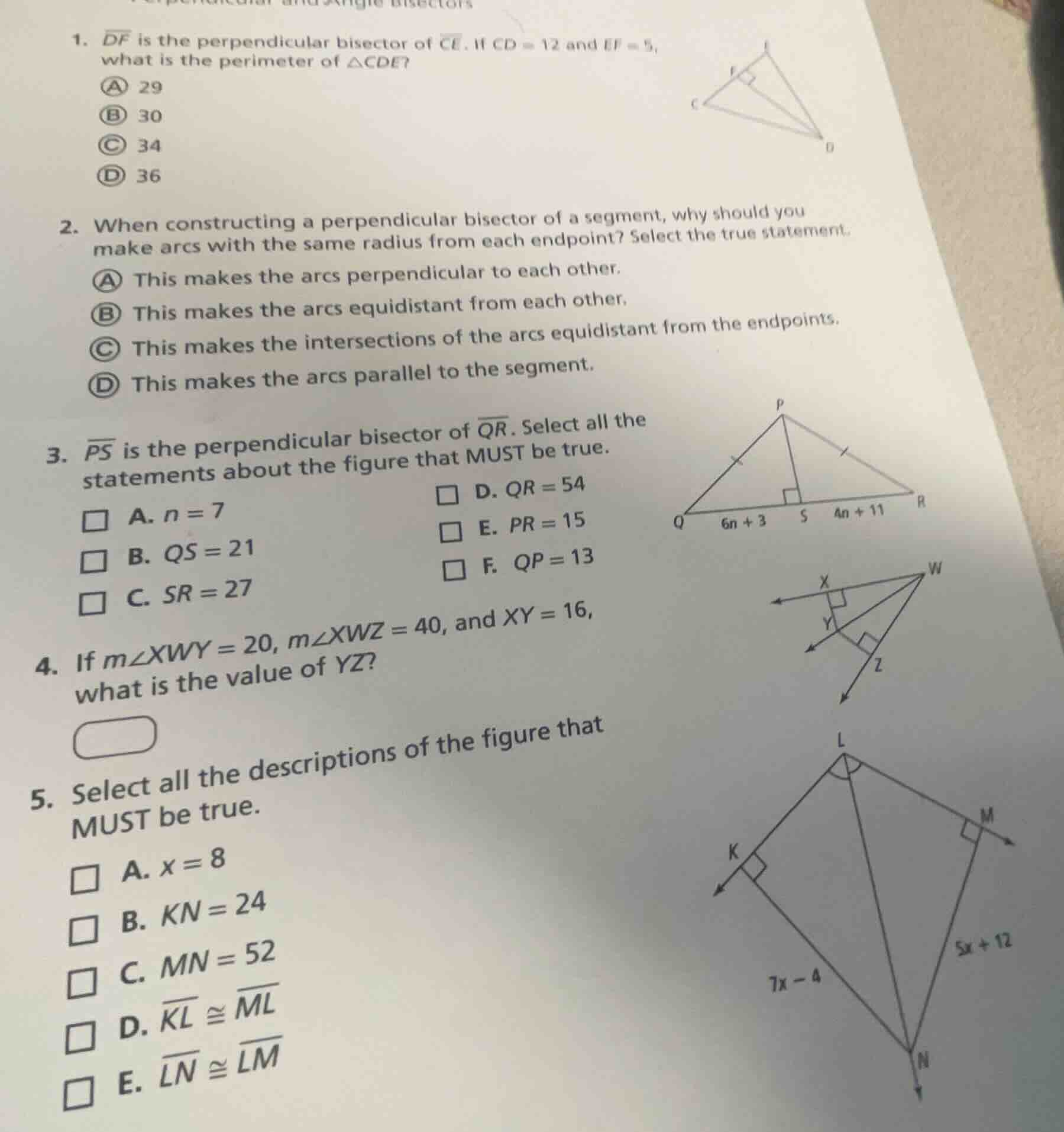 1. $overline{df}$ is the perpendicular bisector of $overline{ce}$. if $…