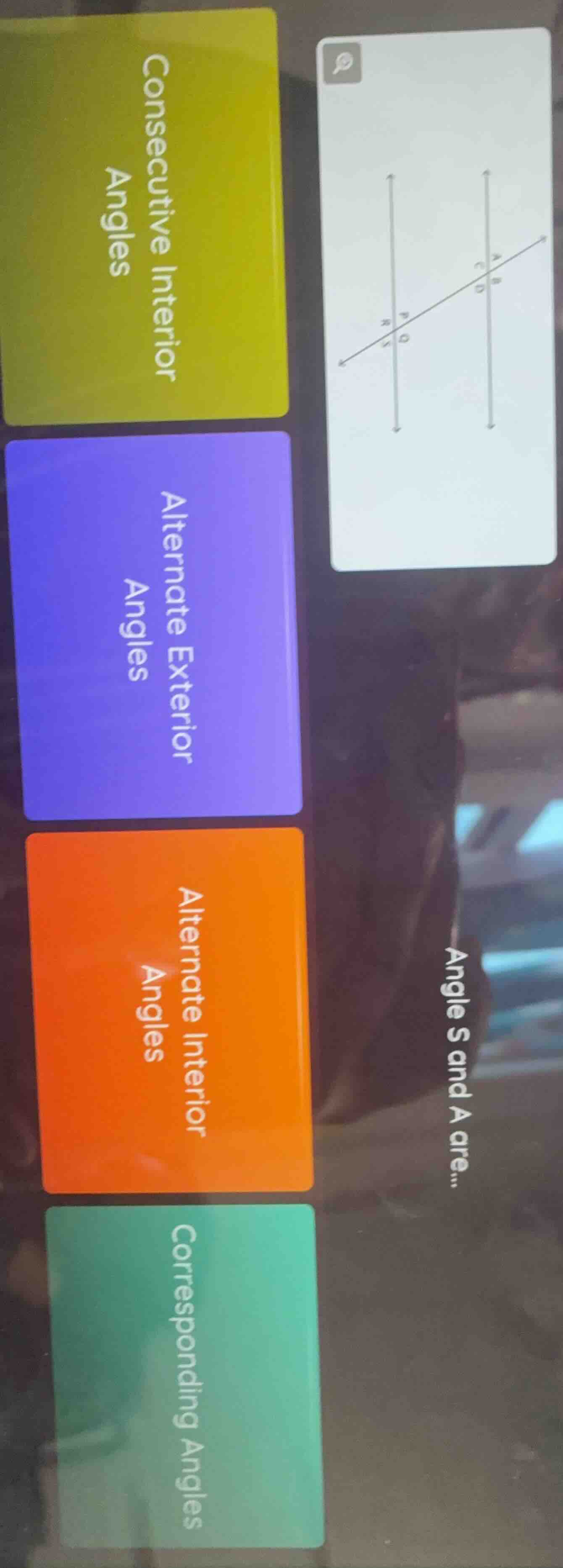 angle s and a are... consecutive interior angles alternate exterior ang…