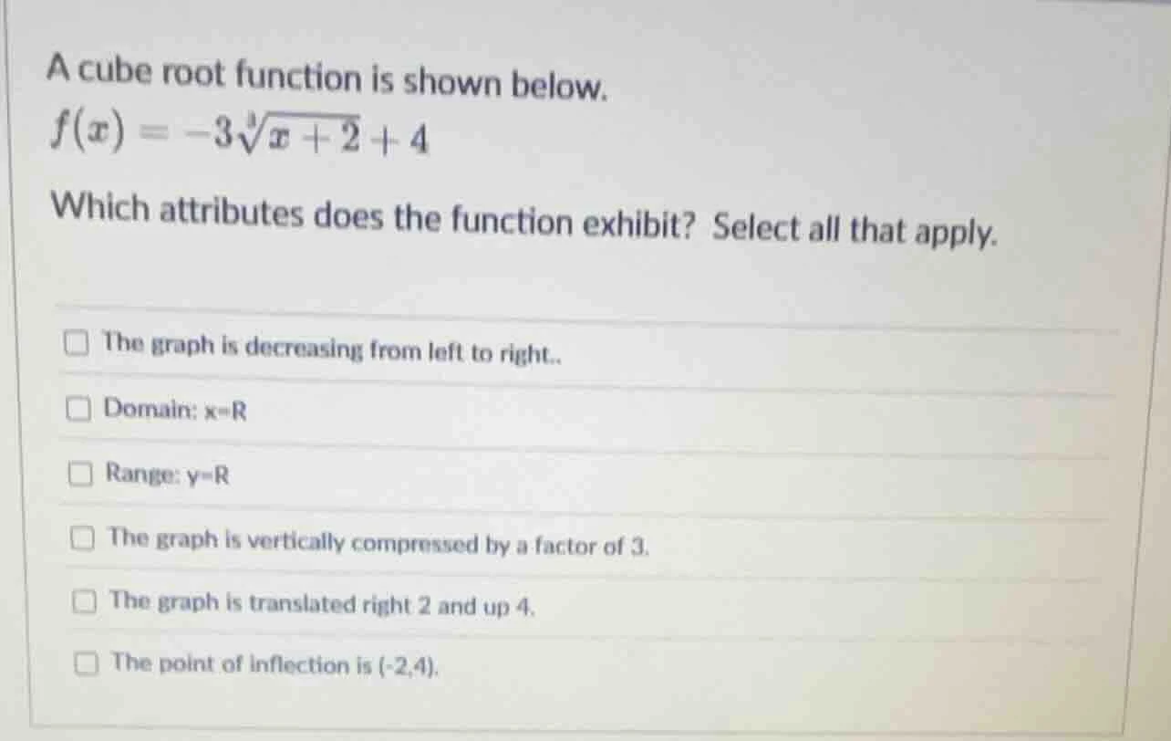 a cube root function is shown below. $f(x) = -3\\sqrt3{x+2}+4$ which at…