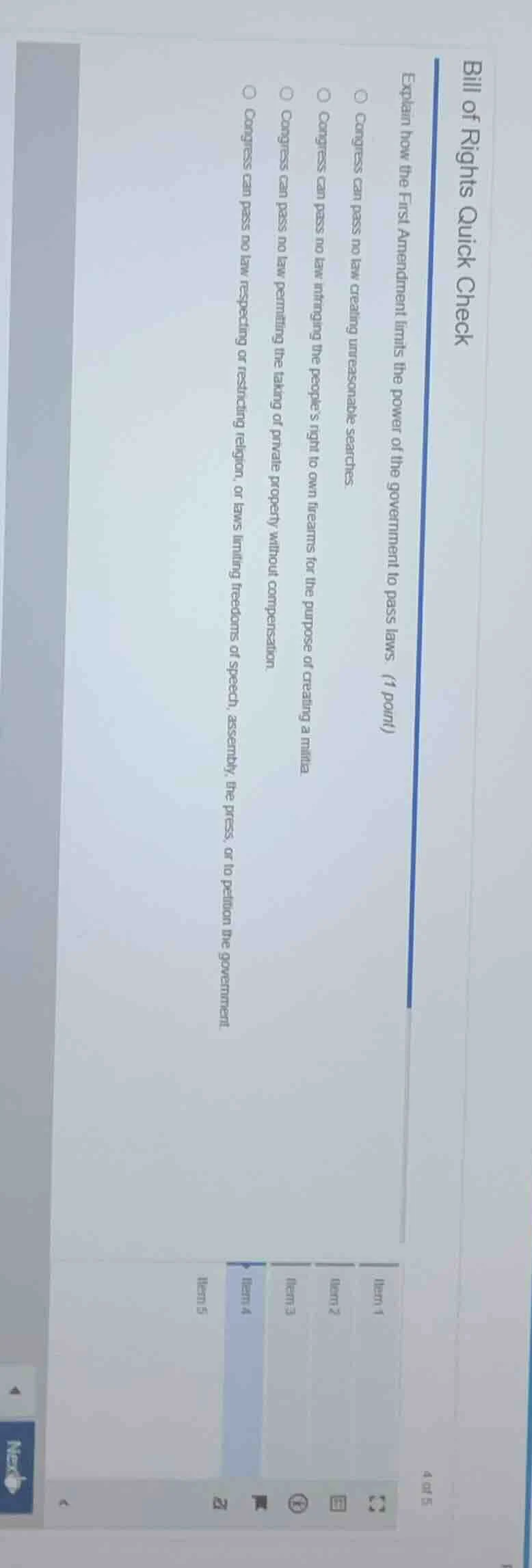 bill of rights quick check 4 of 5 explain how the first amendment limit…