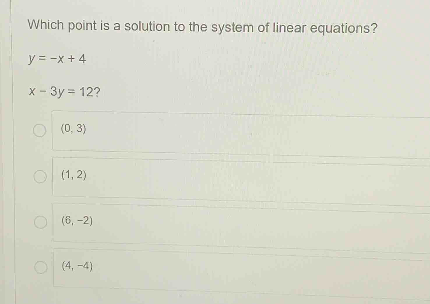 which point is a solution to the system of linear equations? $y = -x + …