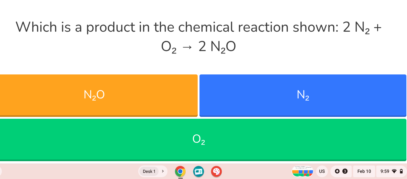 which is a product in the chemical reaction shown: $2\\ n_2 + o_2 \ igh…