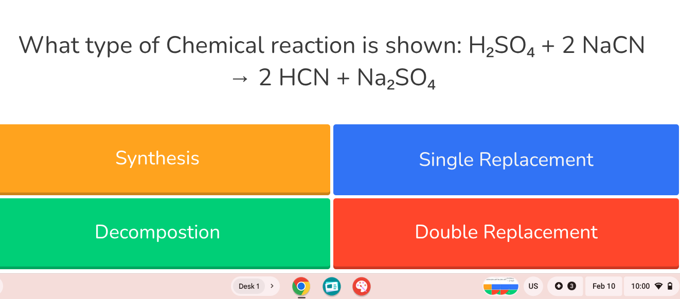 what type of chemical reaction is shown: $ce{h_{2}so_{4} + 2 nacn -> 2 …