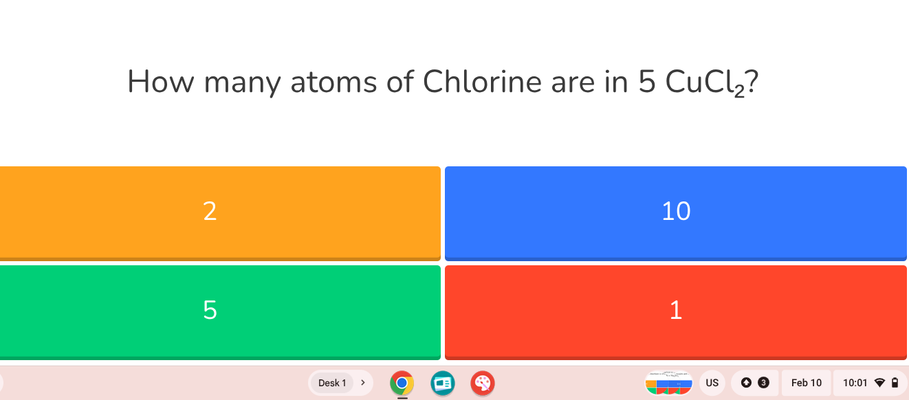 how many atoms of chlorine are in 5 cucl₂? 2 10 5 1