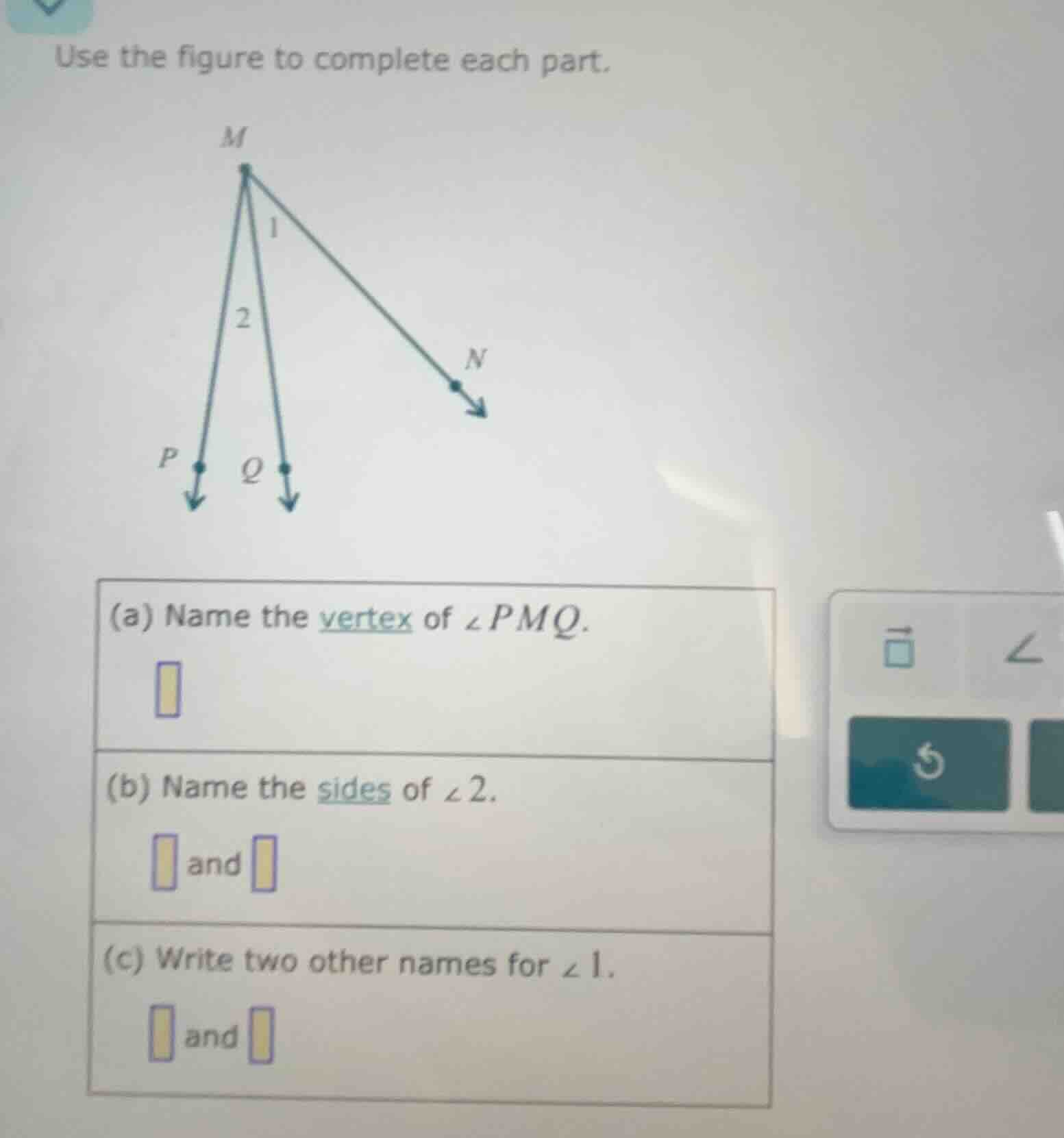 use the figure to complete each part. (a) name the vertex of $angle pmq…