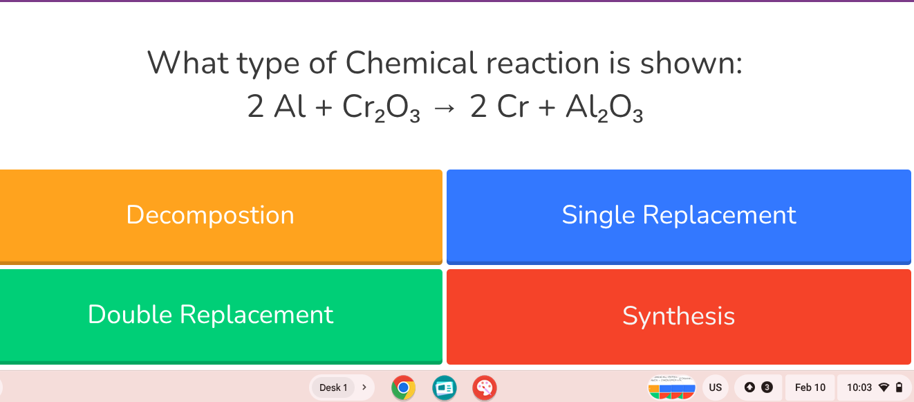 what type of chemical reaction is shown: $2\\ al + cr_2o_3 \ ightarrow …