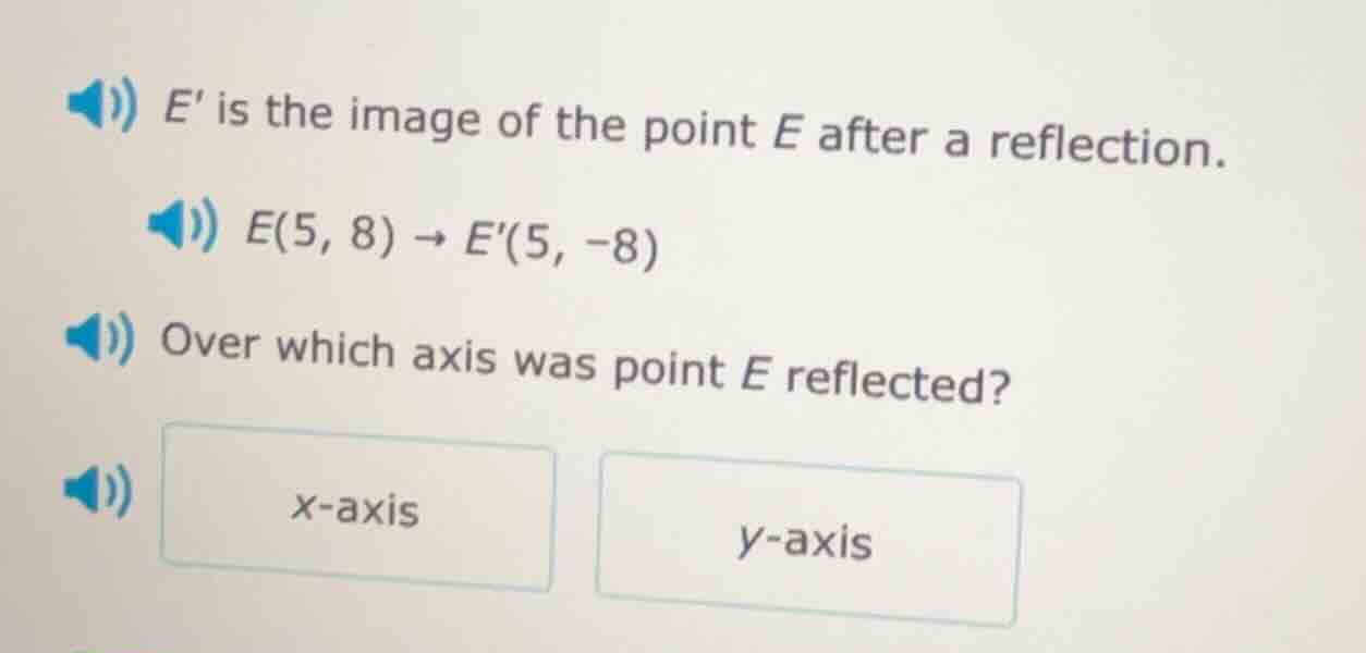 e is the image of the point e after a reflection. e(5, 8) → e(5, -8) ov…