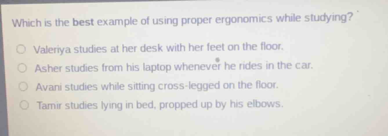 which is the best example of using proper ergonomics while studying? va…