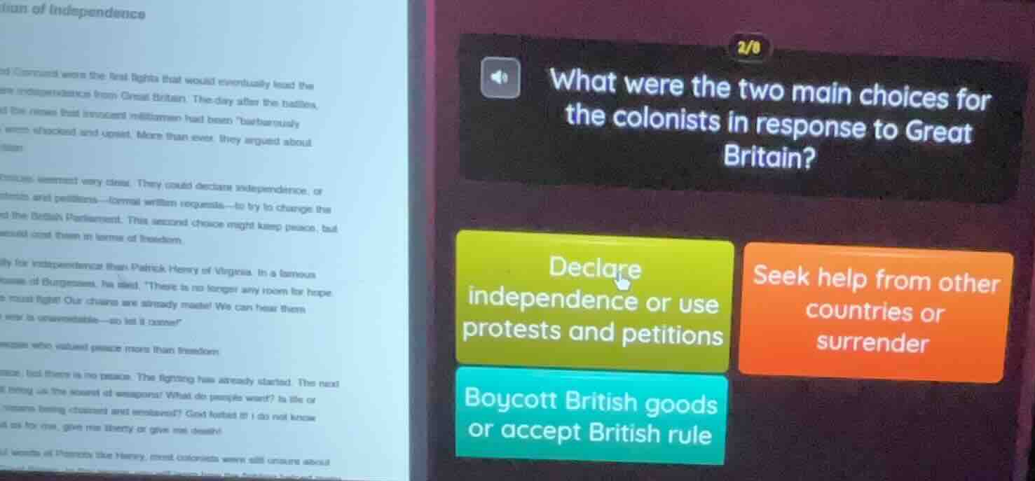 2/0 what were the two main choices for the colonists in response to gre…