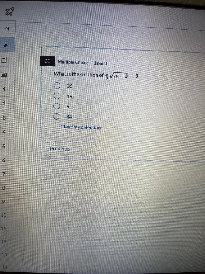 20 multiple choice 1 point what is the solution of $\frac{1}{3}sqrt{n +…