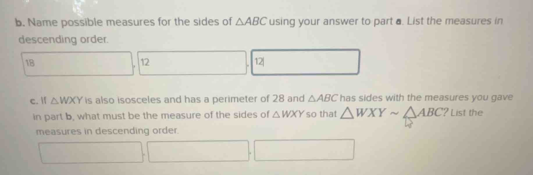 b. name possible measures for the sides of $\triangle abc$ using your a…