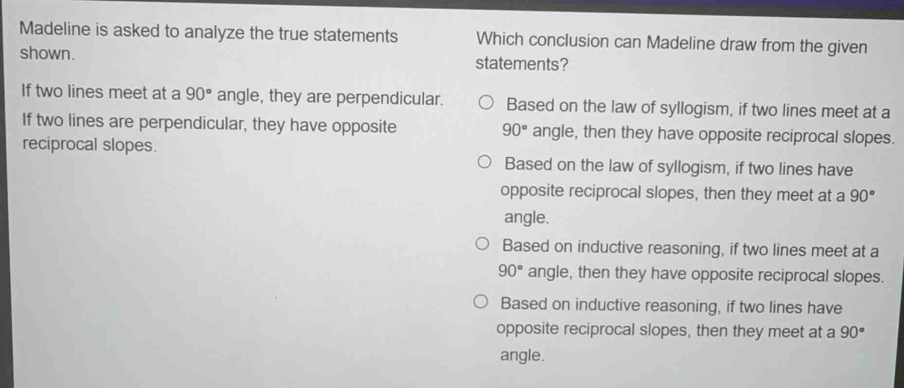 madeline is asked to analyze the true statements shown. if two lines me…