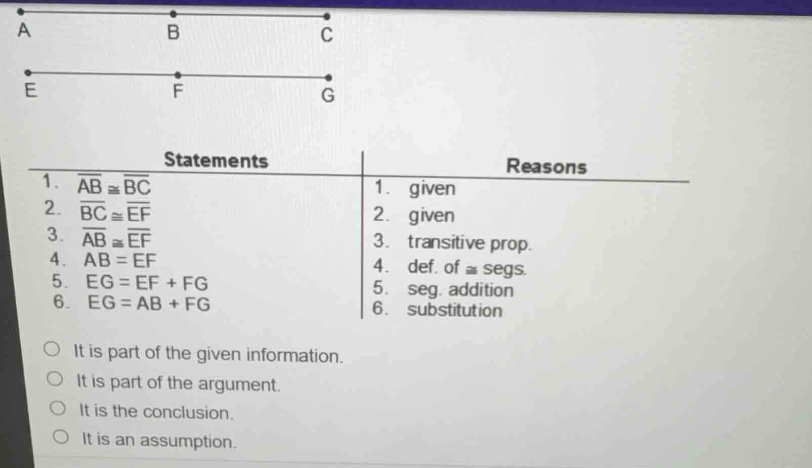 1. $overline{ab} cong overline{bc}$ 2. $overline{bc} cong overline{ef}$…