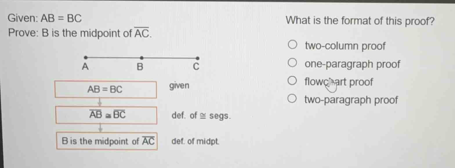 given: ab = bc prove: b is the midpoint of $overline{ac}$. what is the …