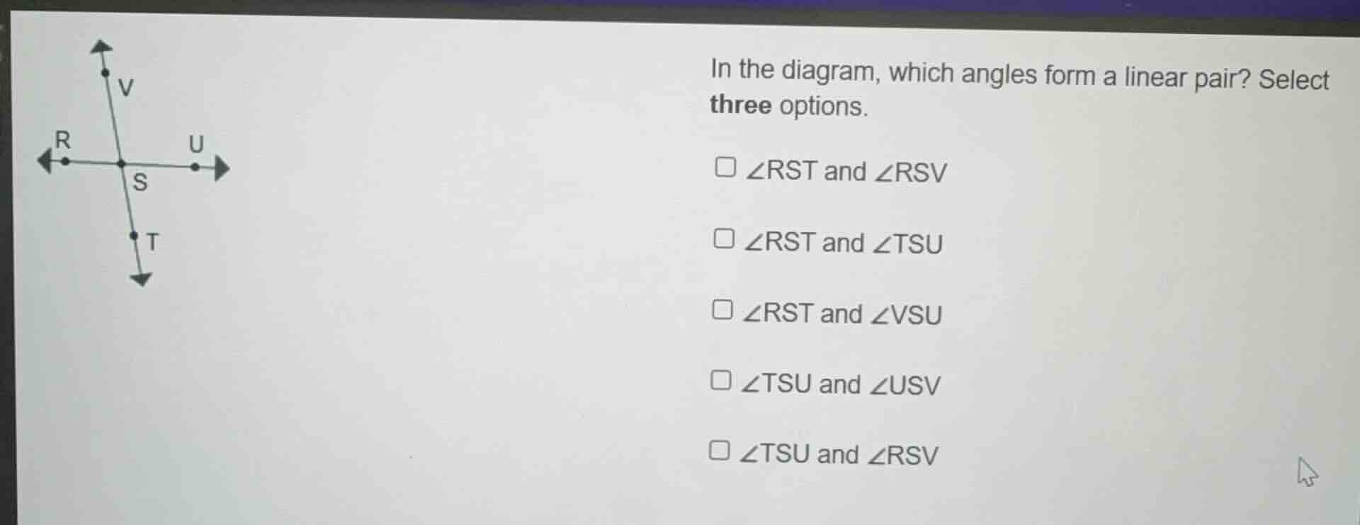 in the diagram, which angles form a linear pair? select three options.□…