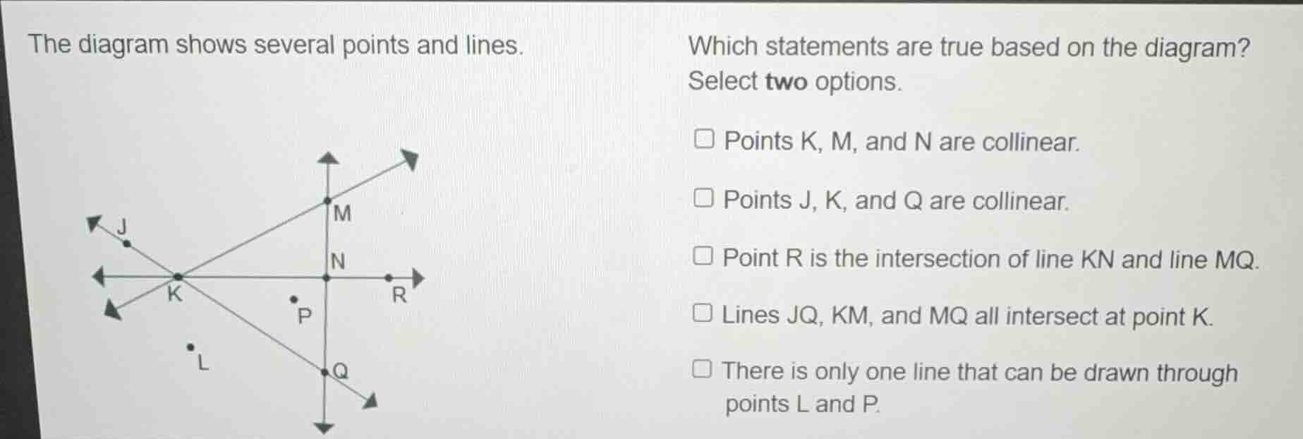 the diagram shows several points and lines. which statements are true b…