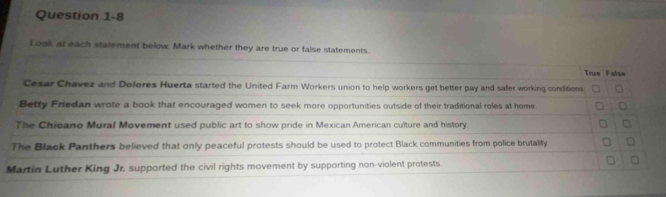 question 1-8 look at each statement below. mark whether they are true o…