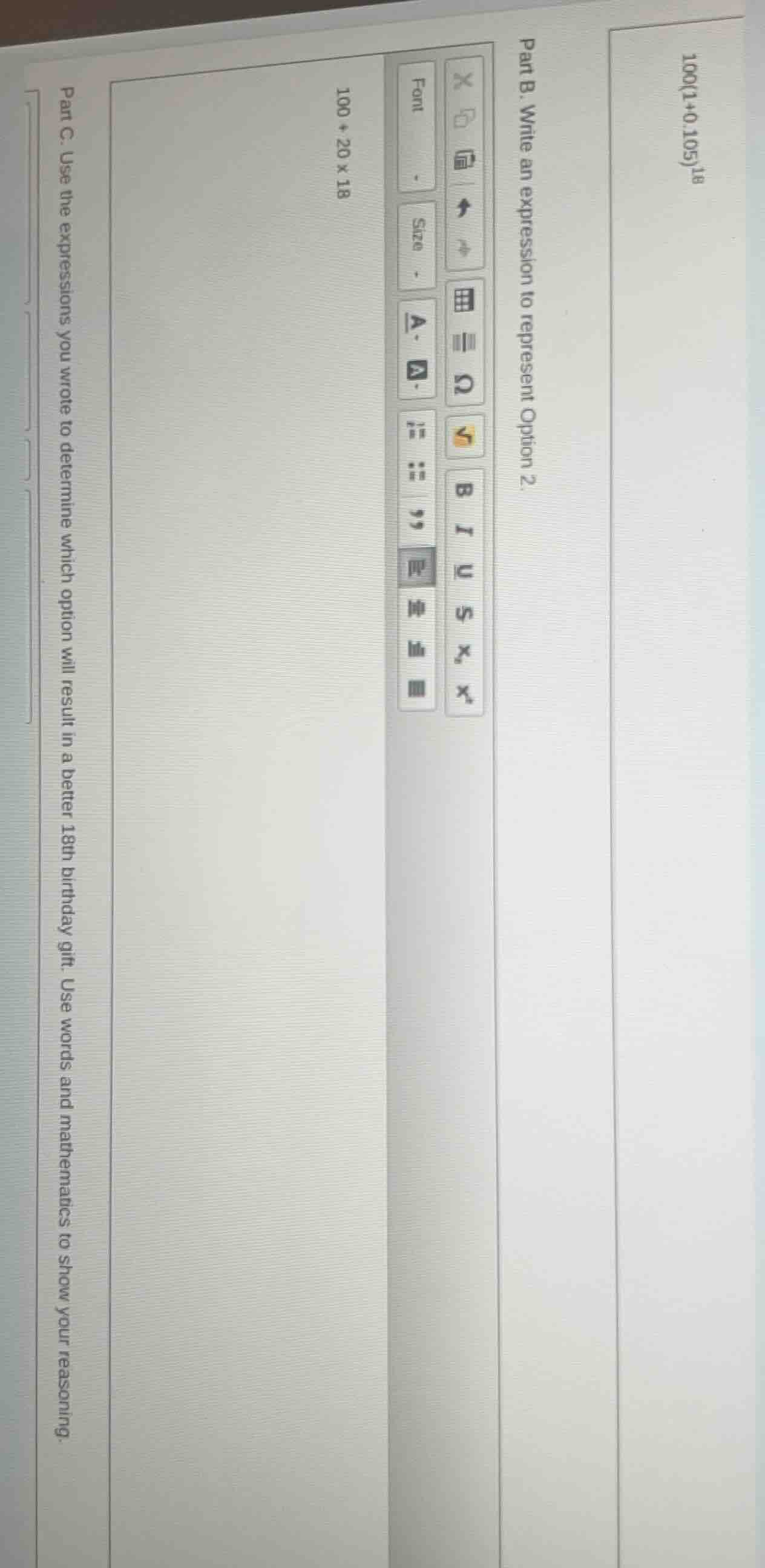 $100(1+0.105)^{18}$ part b. write an expression to represent option 2. …