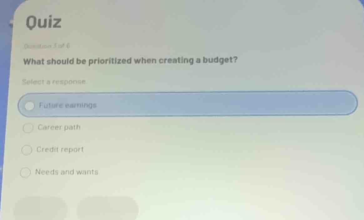 quiz question 3 of 6 what should be prioritized when creating a budget?…