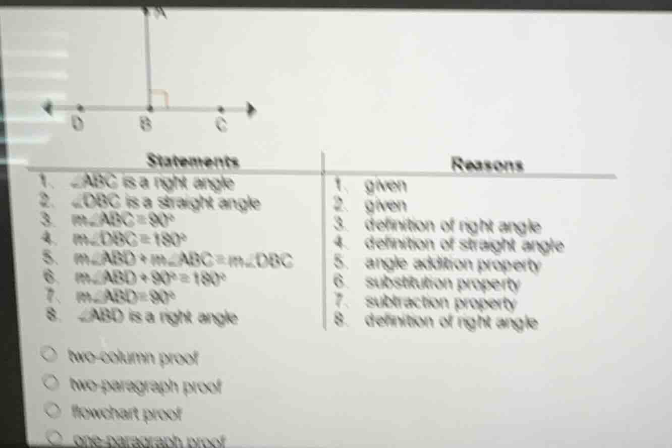 1. ∠abc is a right angle2. ∠dbc is a straight angle3. m∠abc=90°4. m∠dbc…