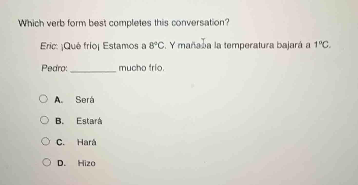which verb form best completes this conversation? eric: ¡qué frío! esta…