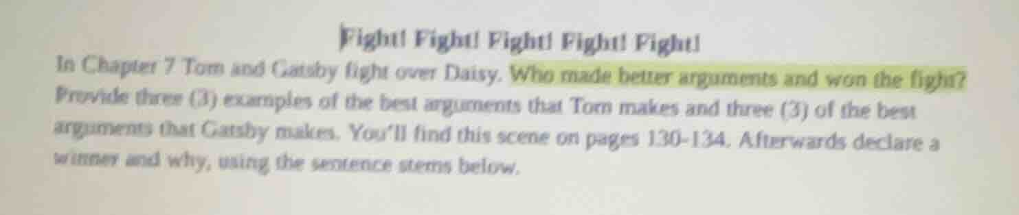 fight! fight! fight! fight! fight! in chapter 7 tom and gatsby fight ov…