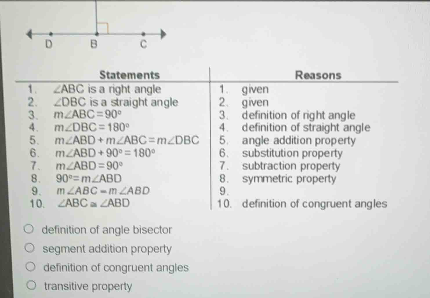 statements1. $angle abc$ is a right angle2. $angle dbc$ is a straight a…