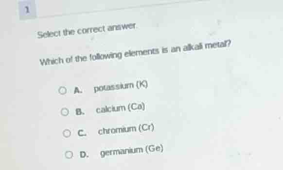 1 select the correct answer. which of the following elements is an alka…