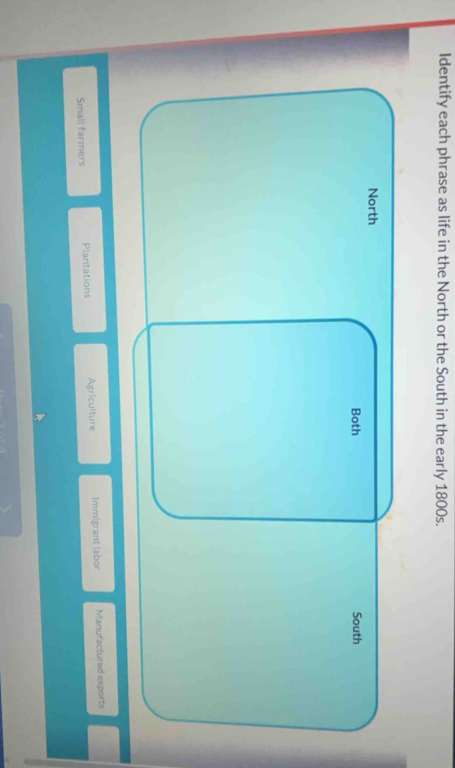 identify each phrase as life in the north or the south in the early 180…