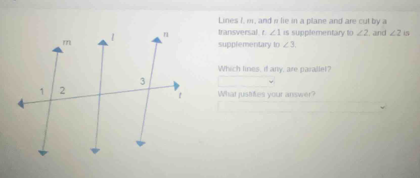lines l, m, and n lie in a plane and are cut by a transversal, t. $angl…