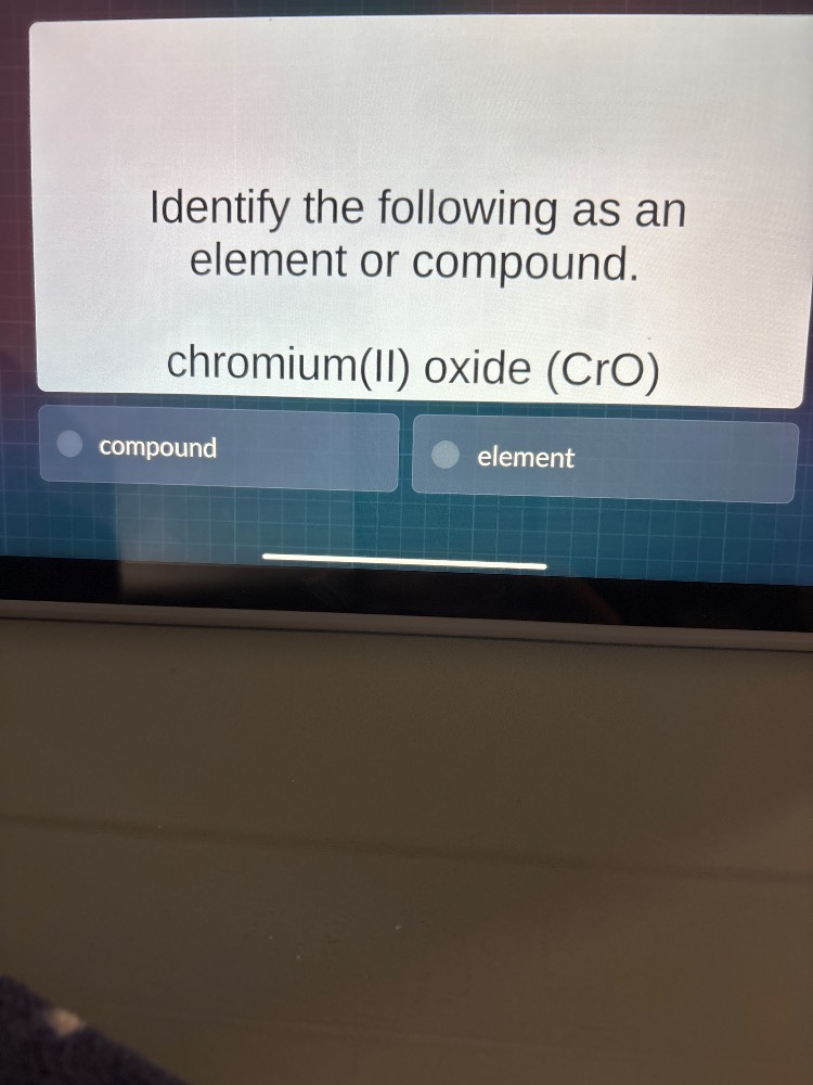 identify the following as an element or compound. chromium(ii) oxide (c…