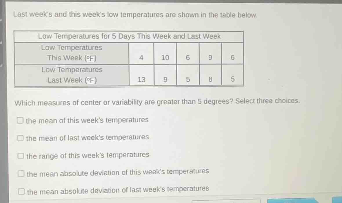 last weeks and this weeks low temperatures are shown in the table below.\nlow temperatures for 5 days this week and last week\nlow temperatures this week (°f): 4, 10, 6, 9, 6\nlow temperatures last week (°f): 13, 9, 5, 8, 5\n\nwhich measures of center or variability are greater than 5 degrees? select three choices.\n□ the mean of this weeks temperatures\n□ the mean of last weeks temperatures\n□ the range of this weeks temperatures\n□ the mean absolute deviation of this weeks temperatures\n□ the mean absolute deviation of last weeks temperatures