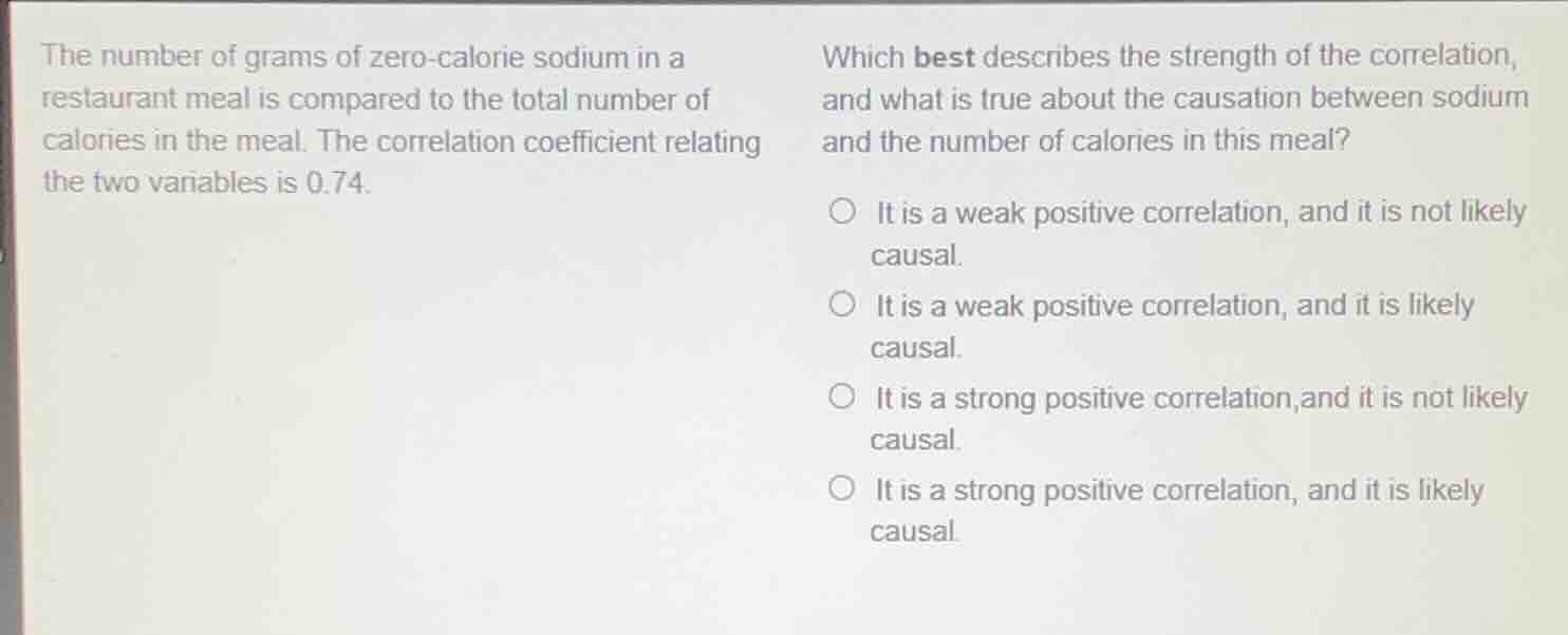 the number of grams of zero-calorie sodium in a restaurant meal is compared to the total number of calories in the meal. the correlation coefficient relating the two variables is 0.74.\nwhich best describes the strength of the correlation, and what is true about the causation between sodium and the number of calories in this meal?\n○ it is a weak positive correlation, and it is not likely causal.\n○ it is a weak positive correlation, and it is likely causal.\n○ it is a strong positive correlation,and it is not likely causal.\n○ it is a strong positive correlation, and it is likely causal.