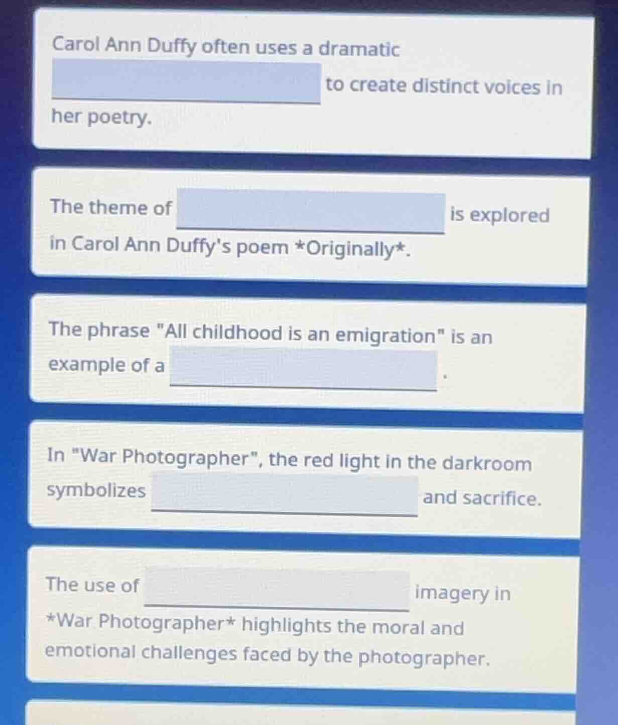 carol ann duffy often uses a dramatic ______ to create distinct voices …