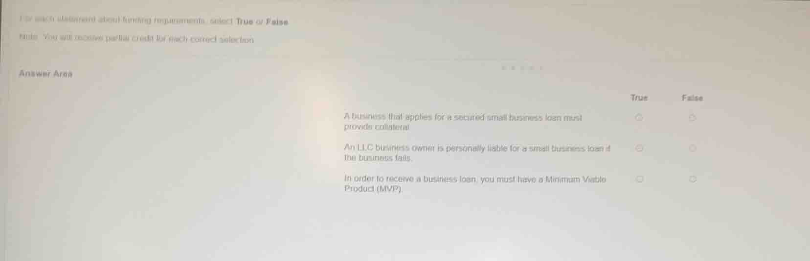for each statement about funding requirements, select true or false not…