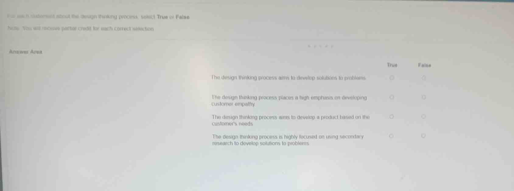 for each statement about the design thinking process, select true or fa…