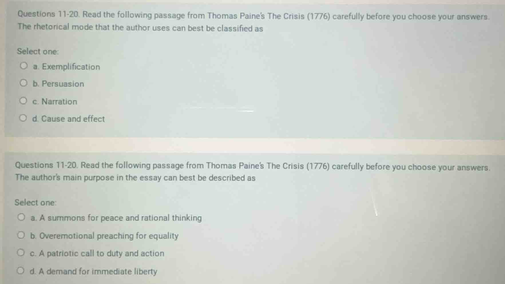 questions 11-20. read the following passage from thomas paines the cris…