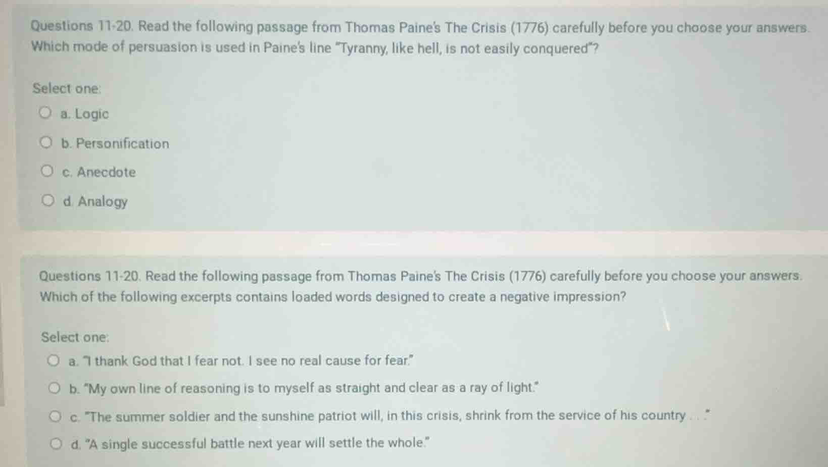 questions 11-20. read the following passage from thomas paines the cris…