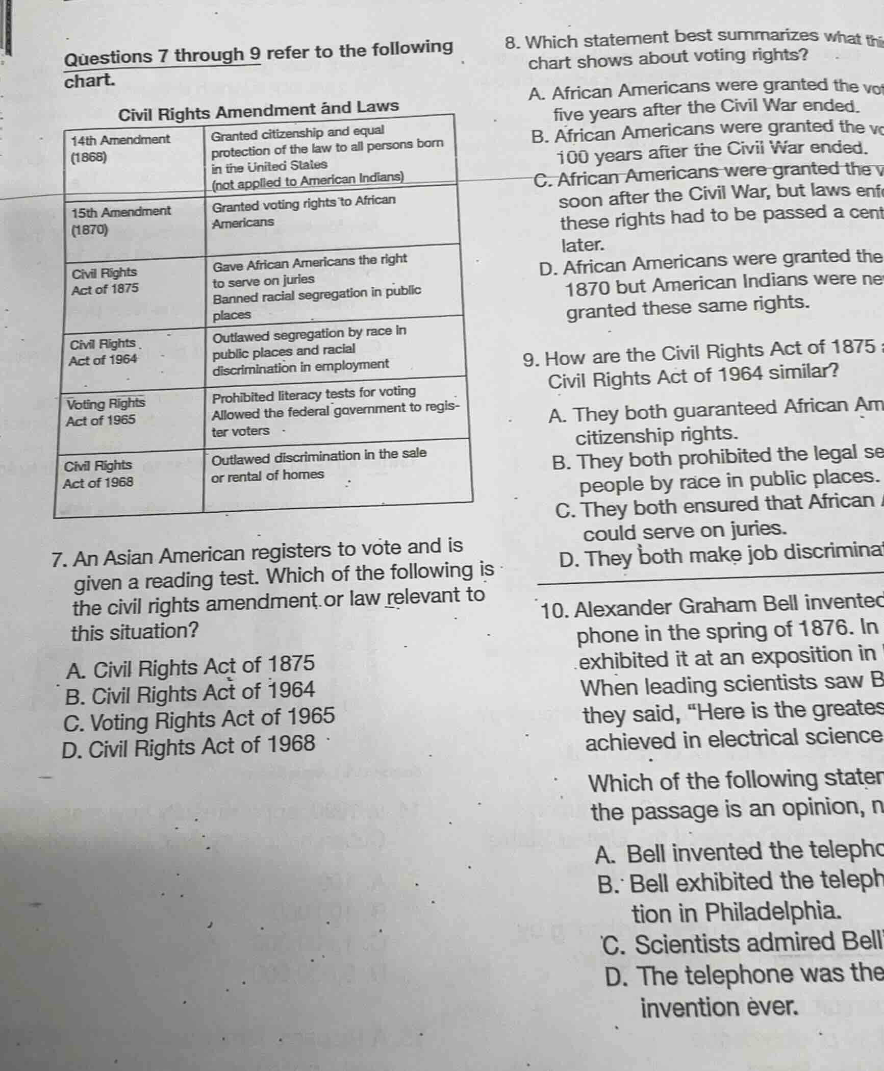 questions 7 through 9 refer to the following chart. civil rights amendm…