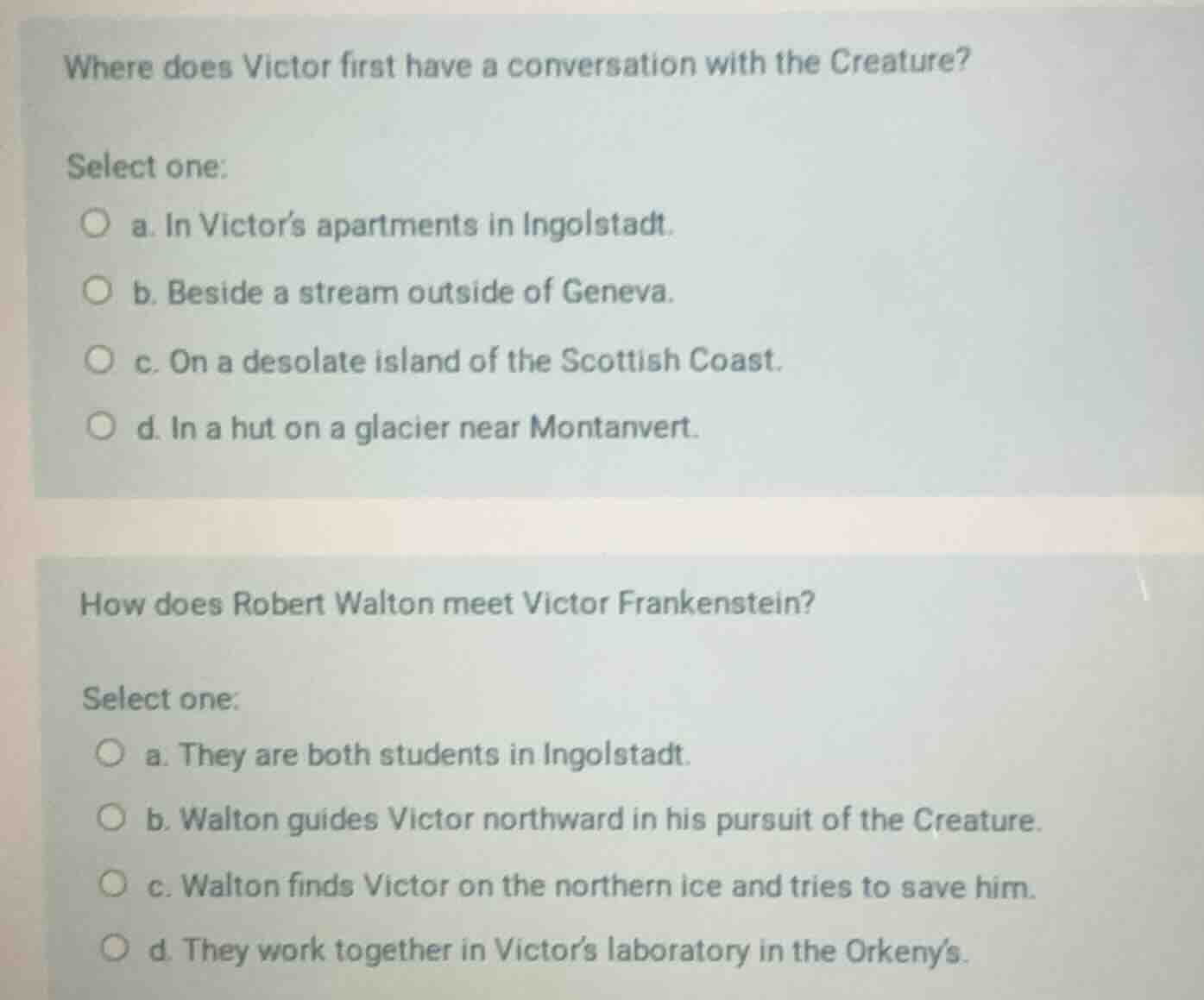 where does victor first have a conversation with the creature? select o…