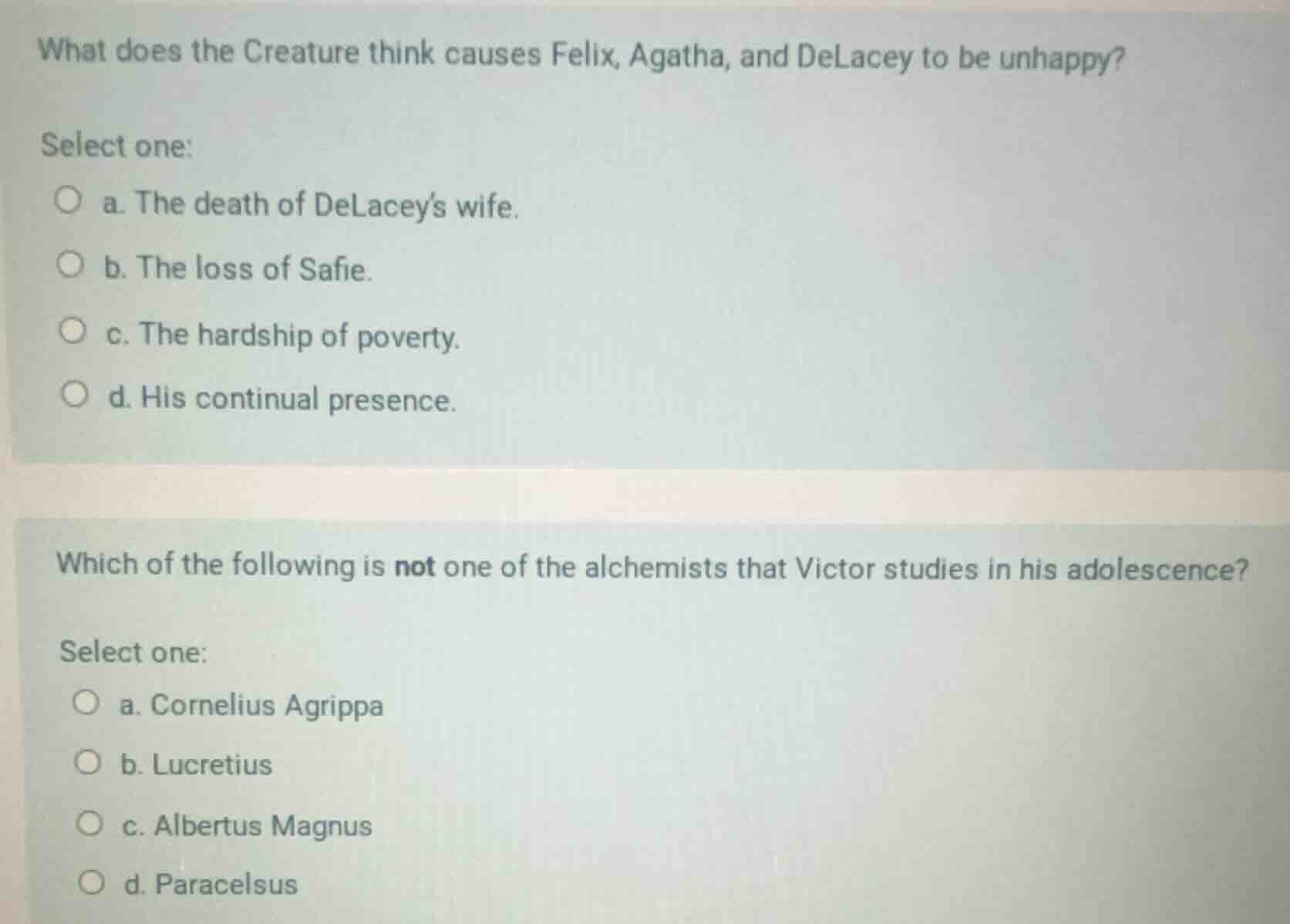 what does the creature think causes felix, agatha, and delacey to be un…