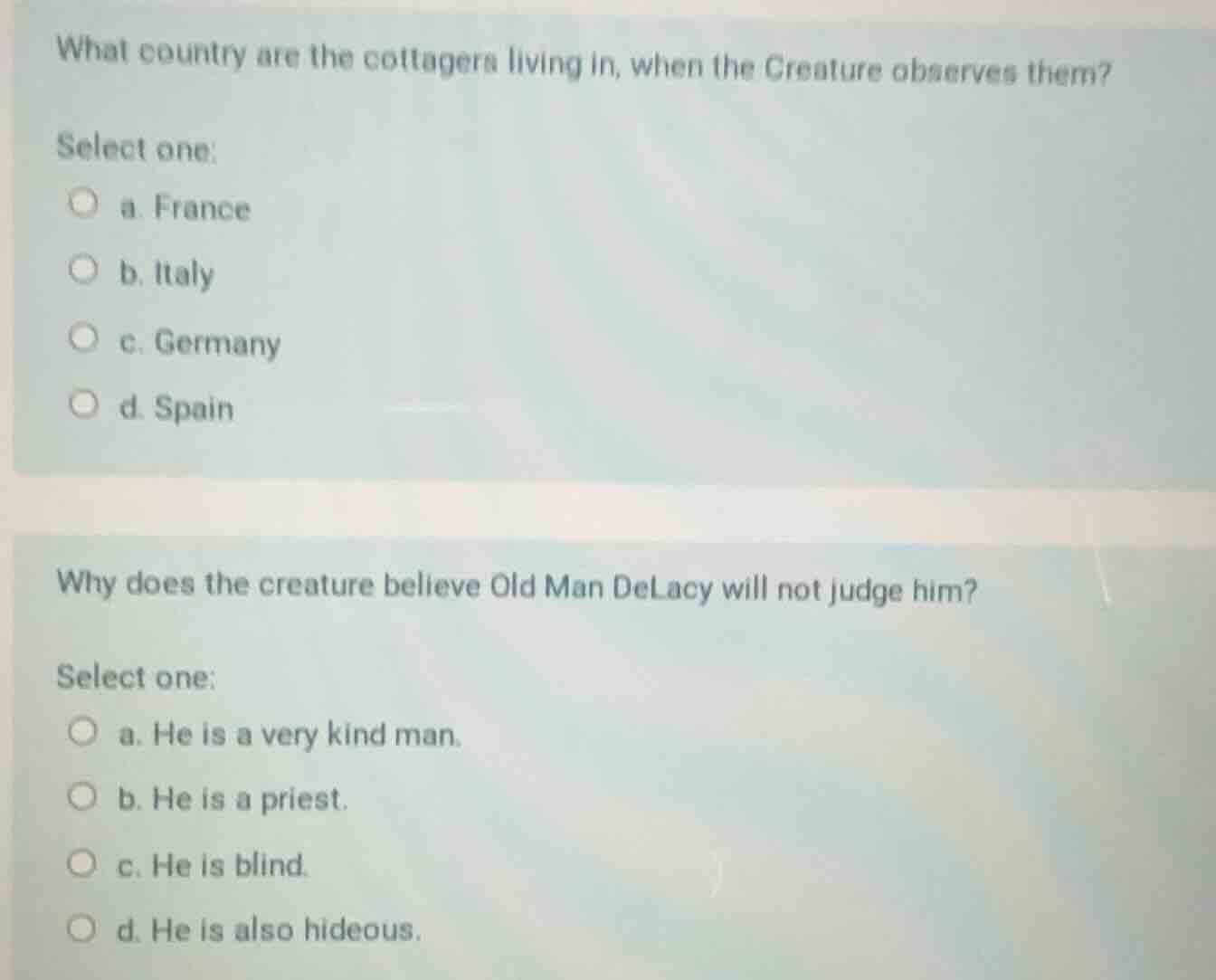 what country are the cottagers living in, when the creature observes th…