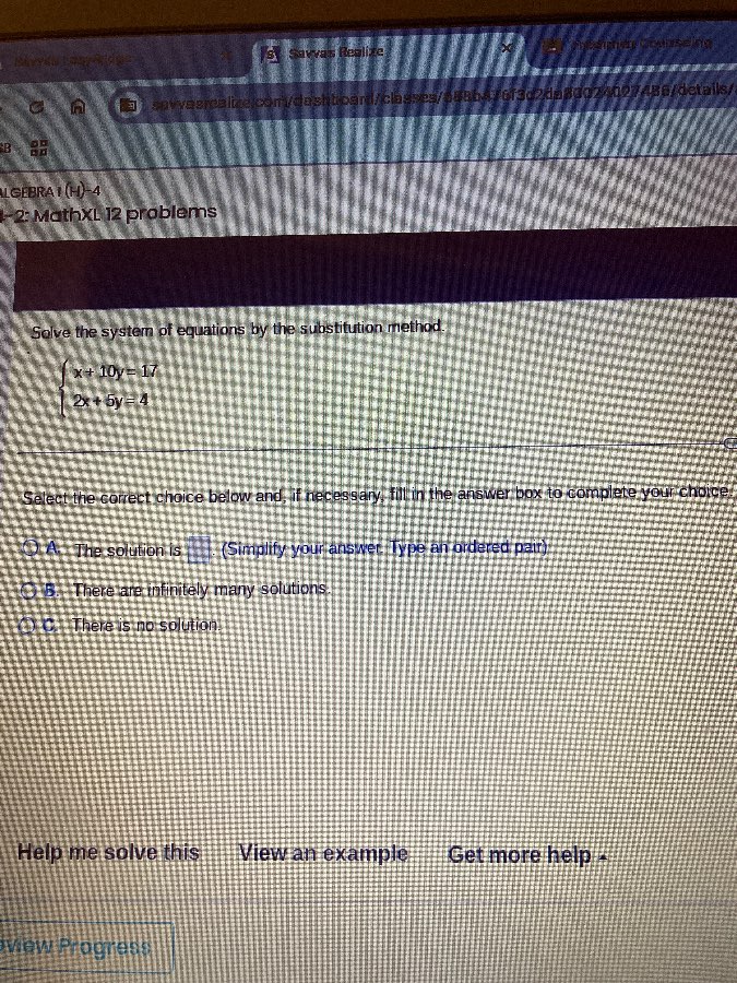 algebra i (h)-42: mathxl 12 problemssolve the system of equations by th…